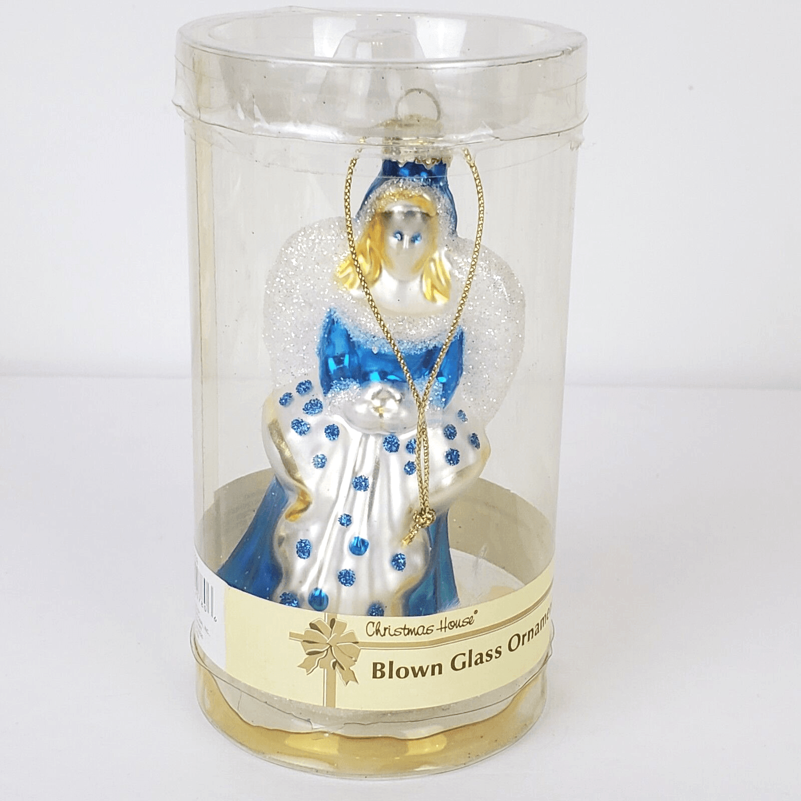 Vintage Christmas House Hand Painted Blown Glass Blue White Angel Ornament