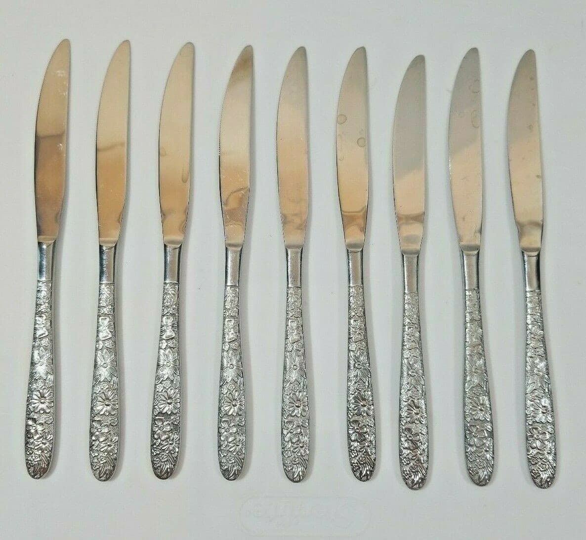 Vintage Butter Knives Lot of 9 Flatware Stainless Steel Roses Floral Taiwan