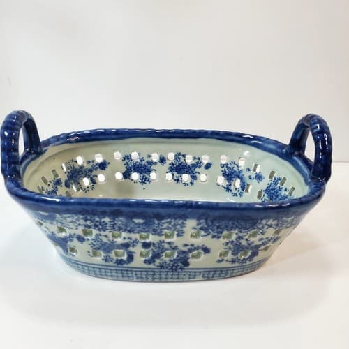 Victoria Ware Ironstone Staffordshire Blue Reticulated Pierced 7" Handled Basket - Thumbnail 5