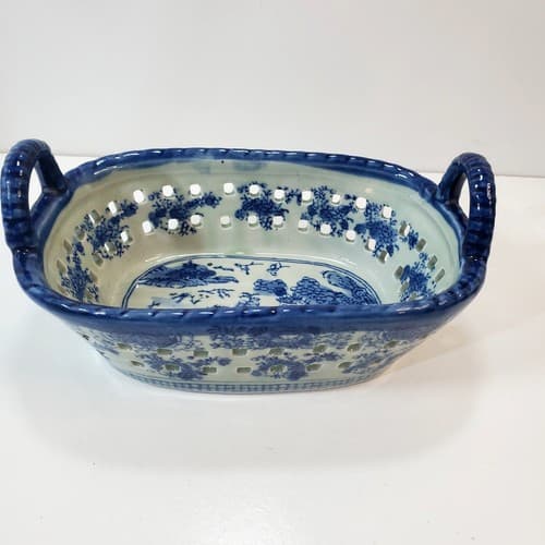 Victoria Ware Ironstone Staffordshire Blue Reticulated Pierced 7" Handled Basket