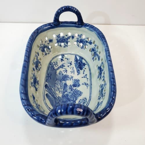 Victoria Ware Ironstone Staffordshire Blue Reticulated Pierced 7" Handled Basket - Thumbnail 4