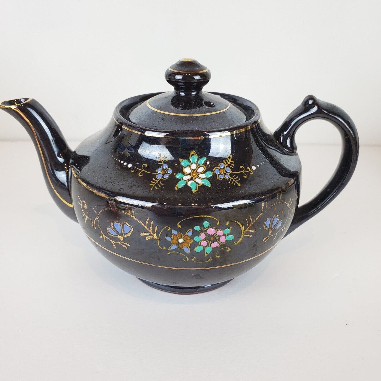 Vtg Small Japanese Teapot Made In Occupied Japan Moriage Hand Painted Redware