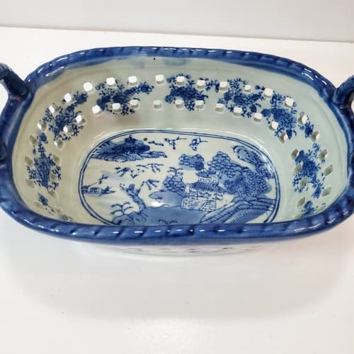 Victoria Ware Ironstone Staffordshire Blue Reticulated Pierced 7" Handled Basket - Thumbnail 2