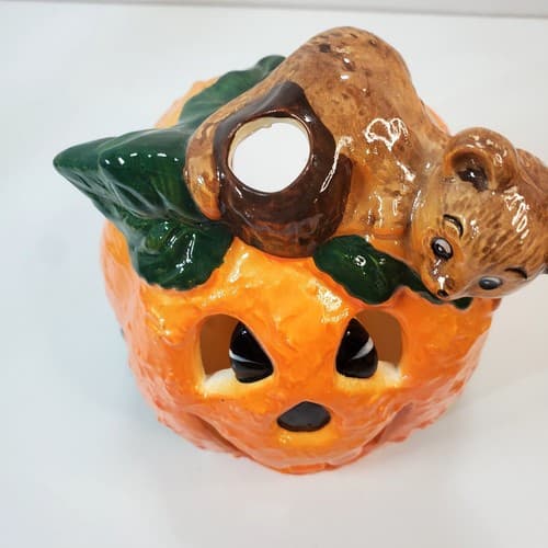 1988 Brinn's Halloween Jack O Lantern w/ Bear Ceramic Tea Light Holder Taiwan - Thumbnail 2