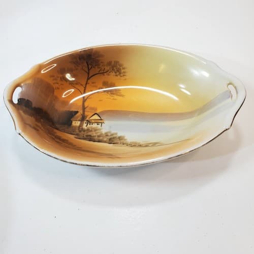 Vintage Hand Painted Nippon Decorative Oval Porcelain Dish Bowl Lake House Scene - Thumbnail 2