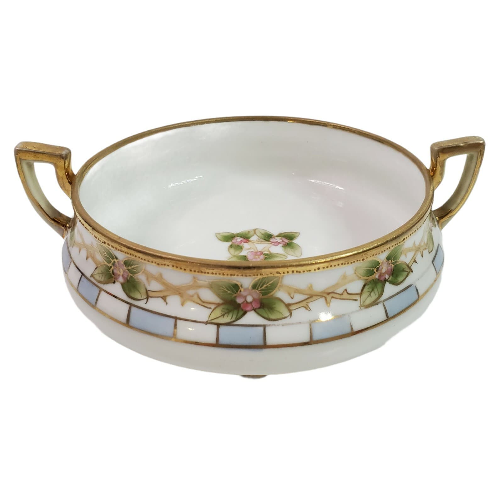 Vtg Hand Painted Nippon 2 Handled Gold Trim Floral Footed Tidbit Bonbon Nut Dish