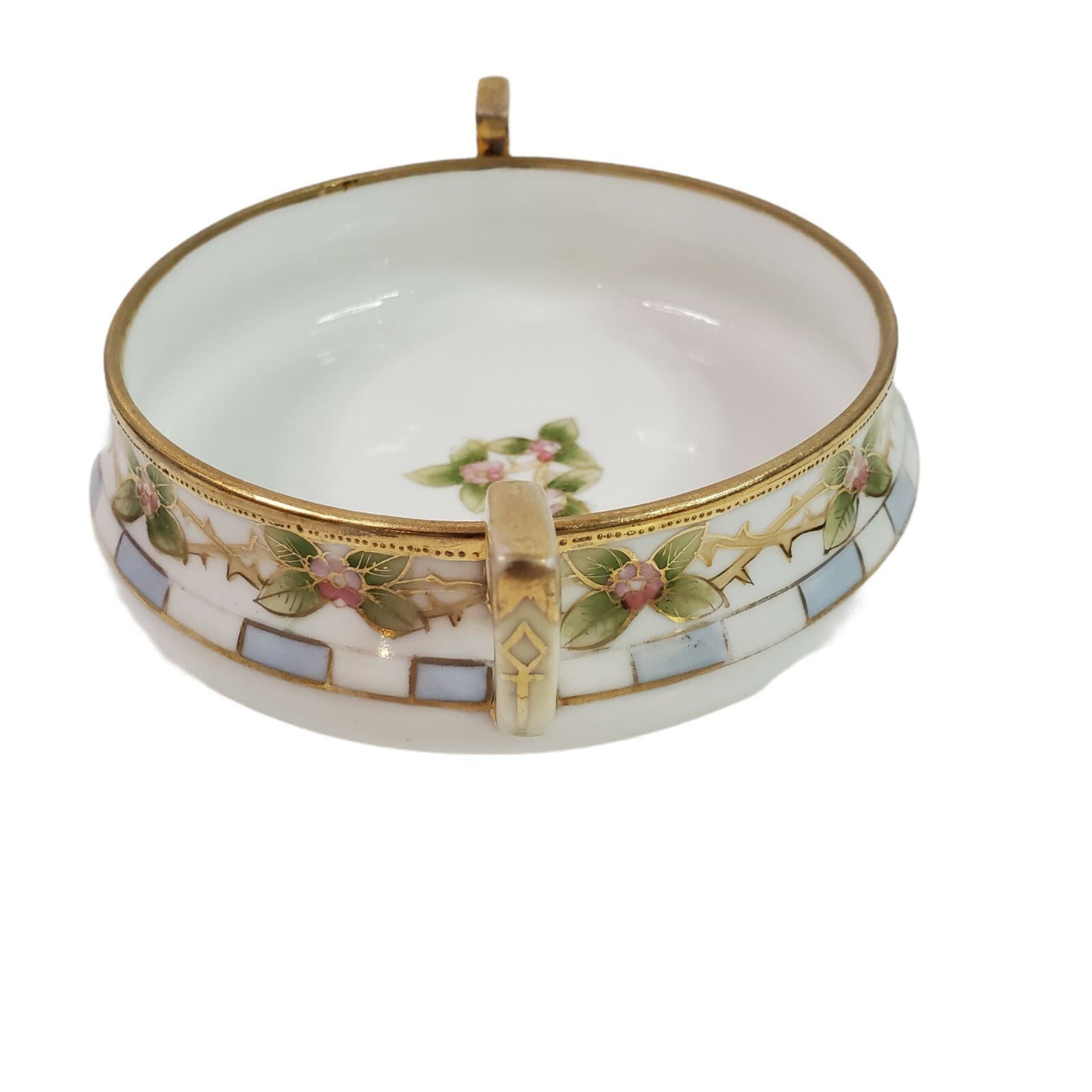 Vtg Hand Painted Nippon 2 Handled Gold Trim Floral Footed Tidbit Bonbon Nut Dish - Thumbnail 2