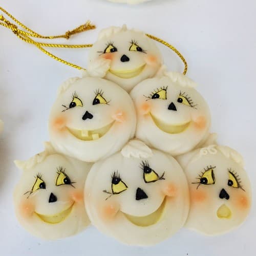 4 Vintage Witch Scarecrow Pumpkin Ceramic Resin Halloween Ornaments Off White - Thumbnail 3