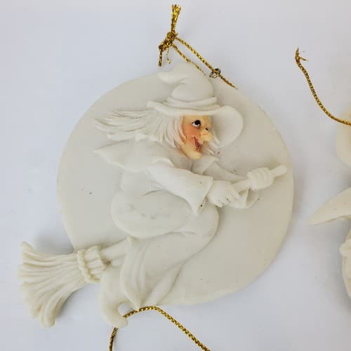 4 Vintage Witch Scarecrow Pumpkin Ceramic Resin Halloween Ornaments Off White - Thumbnail 5