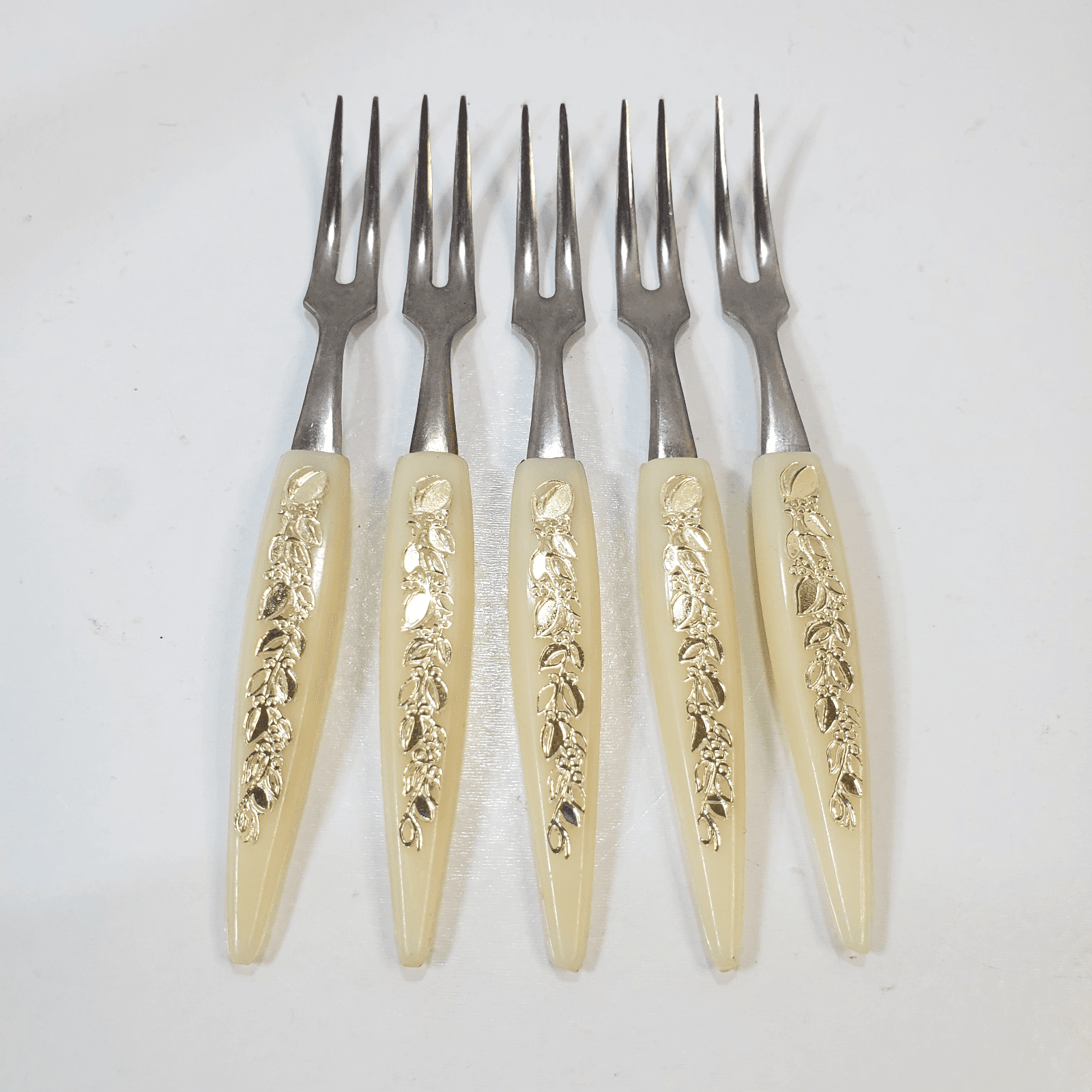 Vintage Cocktail Forks Stainless Celluloid Handles & Inlay Foil Japan 5 pcs 4"