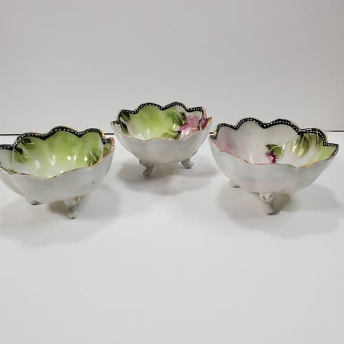 Vtg Tri-Footed Trinket Bowls Dish Hand Painted Moriage Floral Pink Roses Design - Thumbnail 2