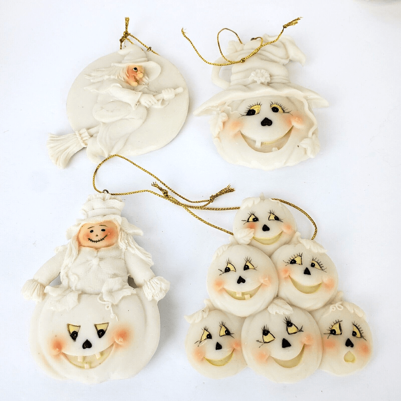 4 Vintage Witch Scarecrow Pumpkin Ceramic Resin Halloween Ornaments Off White