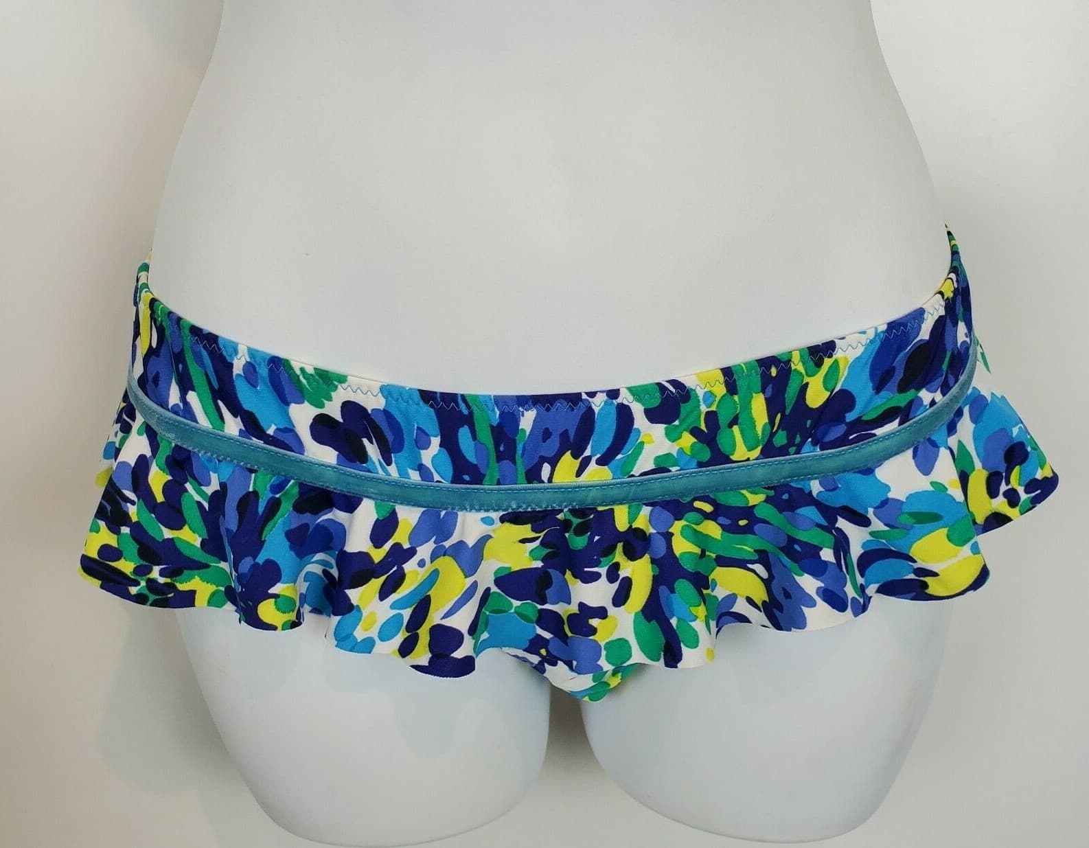 Rampage Swim Ruffle Paint Splatter Print Bikini Bottom Size Small Blue Yellow