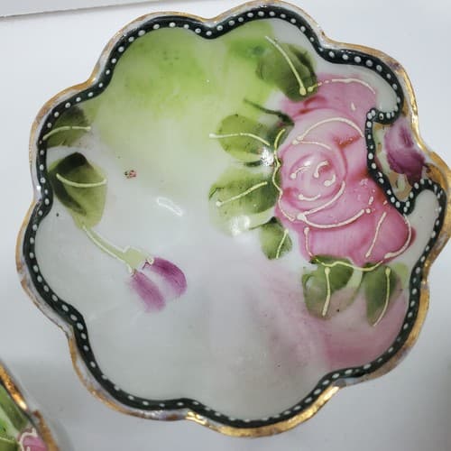 Vtg Tri-Footed Trinket Bowls Dish Hand Painted Moriage Floral Pink Roses Design - Thumbnail 3