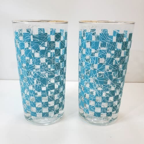 Vtg MCM Turquoise Checkered Spaghetti String Tumblers 12oz Tall Drinking Glasses
