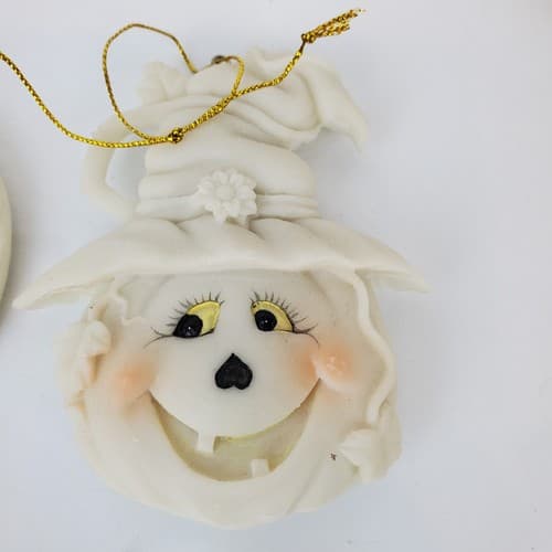 4 Vintage Witch Scarecrow Pumpkin Ceramic Resin Halloween Ornaments Off White - Thumbnail 4