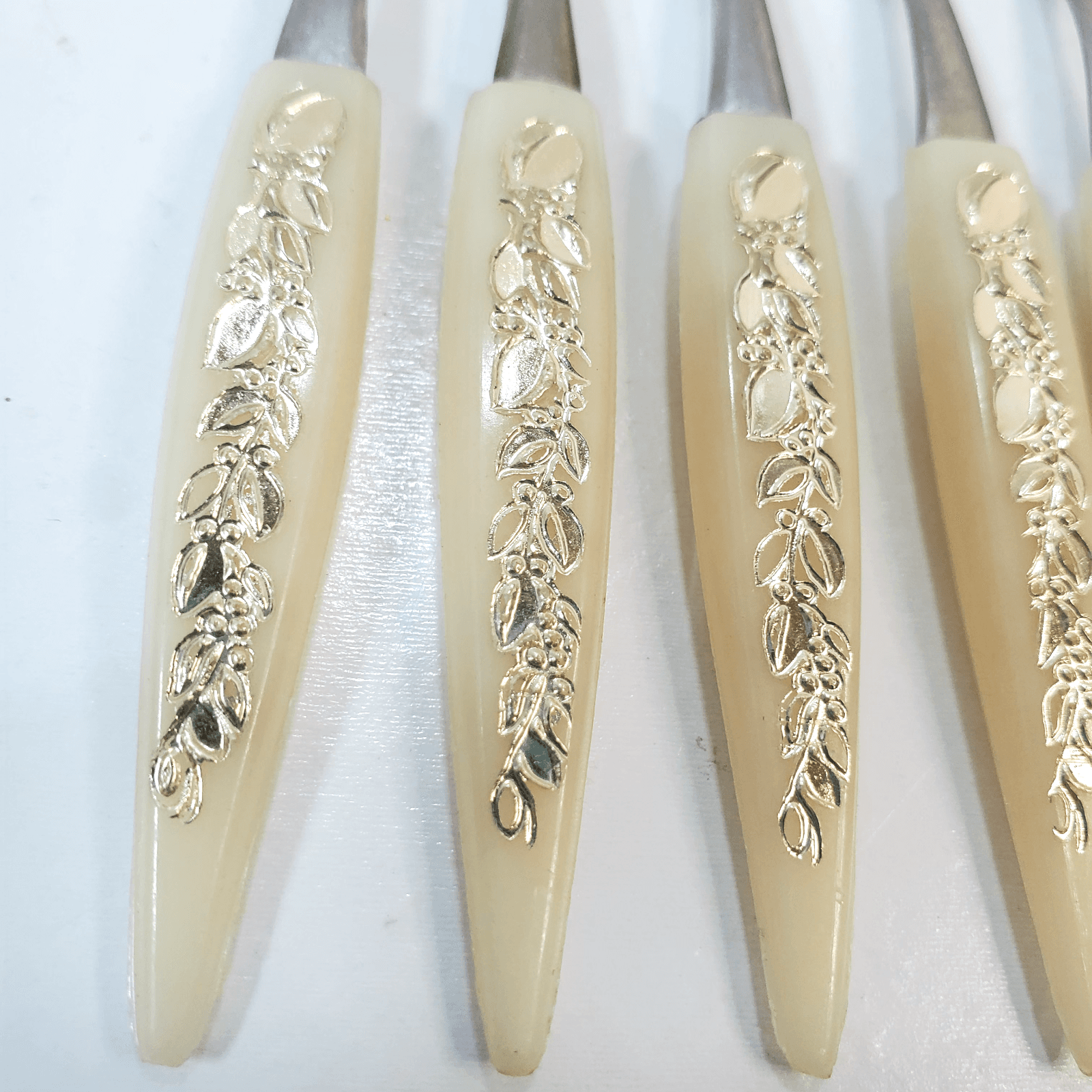 Vintage Cocktail Forks Stainless Celluloid Handles & Inlay Foil Japan 5 pcs 4" - Thumbnail 2