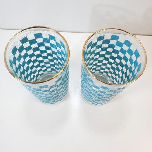 Vtg MCM Turquoise Checkered Spaghetti String Tumblers 12oz Tall Drinking Glasses - Thumbnail 3
