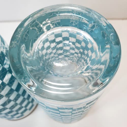 Vtg MCM Turquoise Checkered Spaghetti String Tumblers 12oz Tall Drinking Glasses - Thumbnail 5