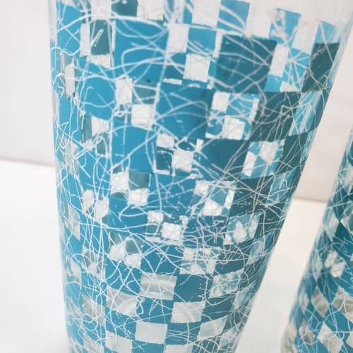 Vtg MCM Turquoise Checkered Spaghetti String Tumblers 12oz Tall Drinking Glasses - Thumbnail 2