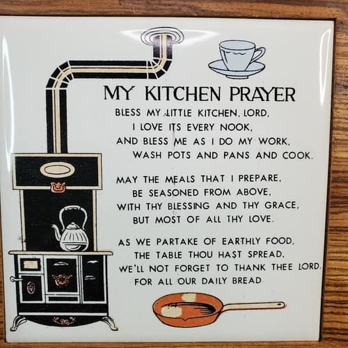Vintage Sanmyro Japan Wood & Ceramic "Kitchen Prayer' Wall Plaque & Utensils - Thumbnail 5