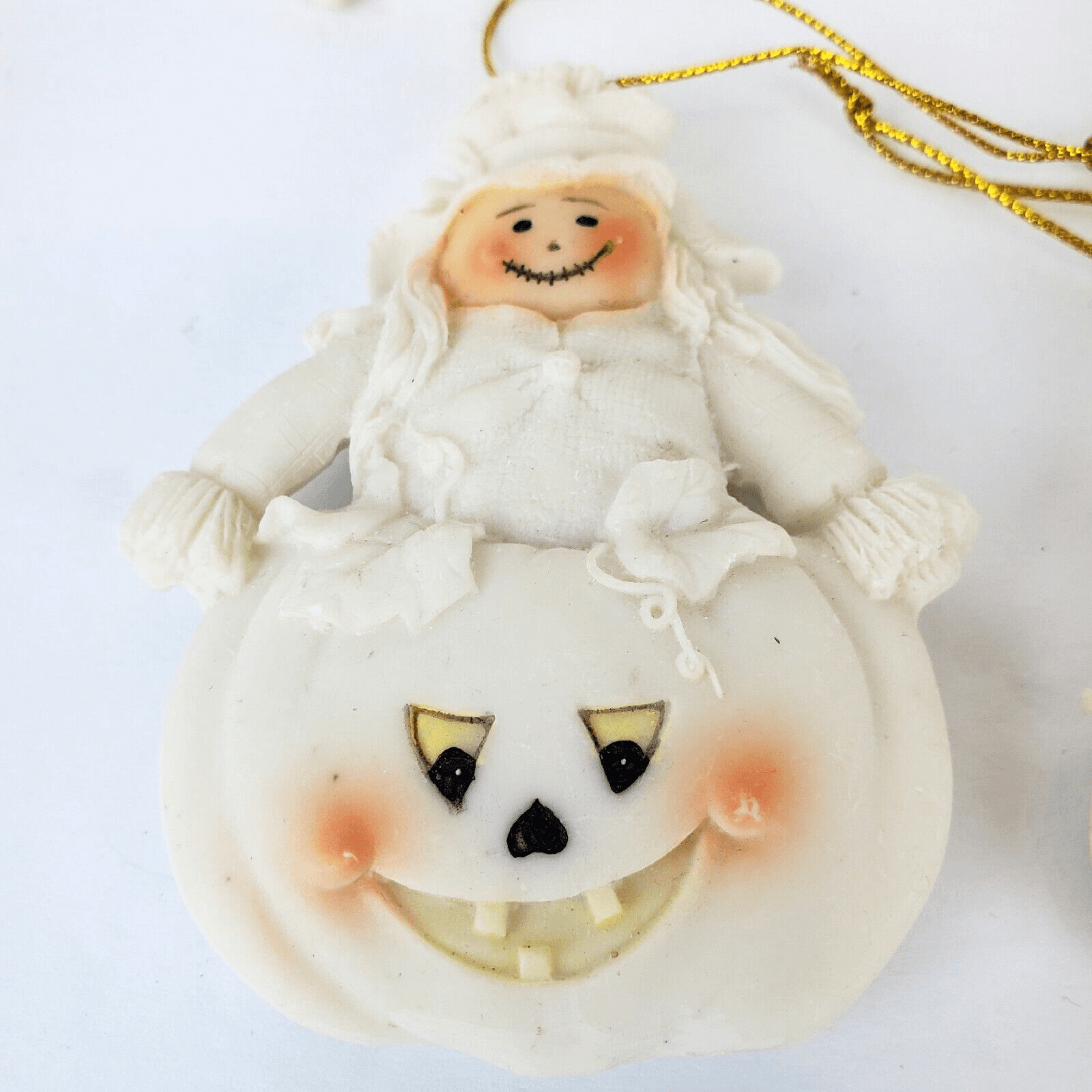 4 Vintage Witch Scarecrow Pumpkin Ceramic Resin Halloween Ornaments Off White - Thumbnail 2