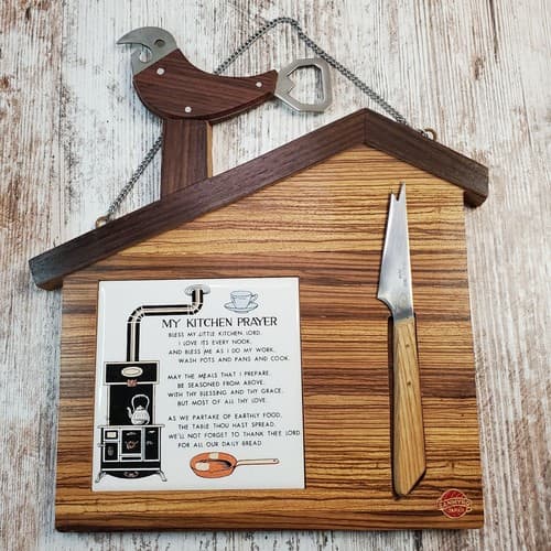 Vintage Sanmyro Japan Wood & Ceramic "Kitchen Prayer' Wall Plaque & Utensils