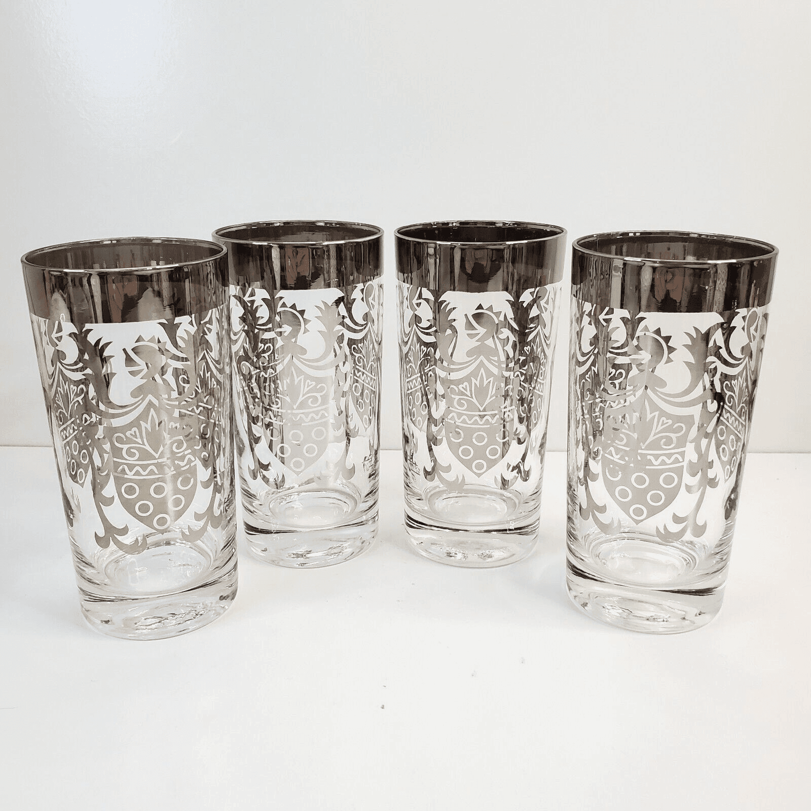 Vintage MCM Kimiko Silver Guardian Crest Cocktail Highball Glass Barware Knight