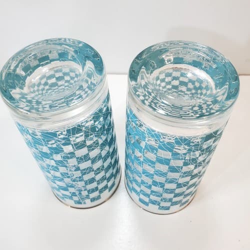 Vtg MCM Turquoise Checkered Spaghetti String Tumblers 12oz Tall Drinking Glasses - Thumbnail 4