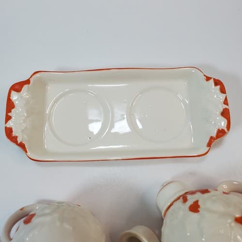 Vtg The Hinode Orange Salt Pepper Shaker on 6” Tray Japan 1950’s Cottage Retro - Thumbnail 9