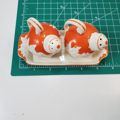 Vtg The Hinode Orange Salt Pepper Shaker on 6” Tray Japan 1950’s Cottage Retro - Thumbnail 12