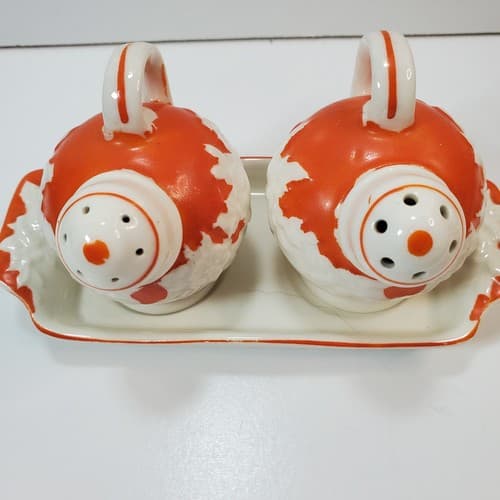 Vtg The Hinode Orange Salt Pepper Shaker on 6” Tray Japan 1950’s Cottage Retro - Thumbnail 2