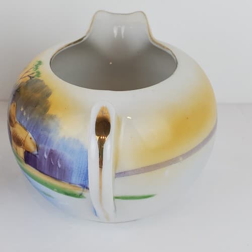 Vtg TT Takito Hand Painted Japanese Village Scene Cream And Sugar Bowl w/ Lid - Thumbnail 5