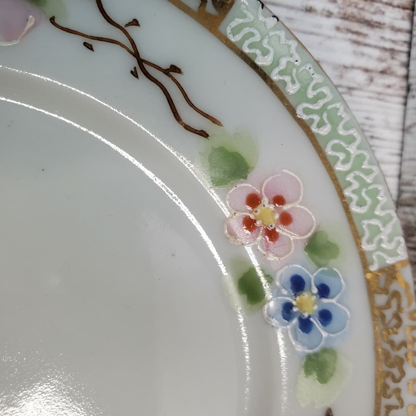 Vintage Japan Mayonnaise Set Bowl & Plate Raised Gold Moriage Dots Flowers - Thumbnail 5