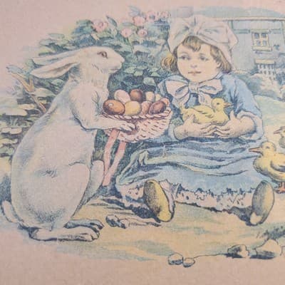 Antique Easter Postcard Joyous Eastertide Girl Bunny Colored Eggs Ducklings - Thumbnail 2