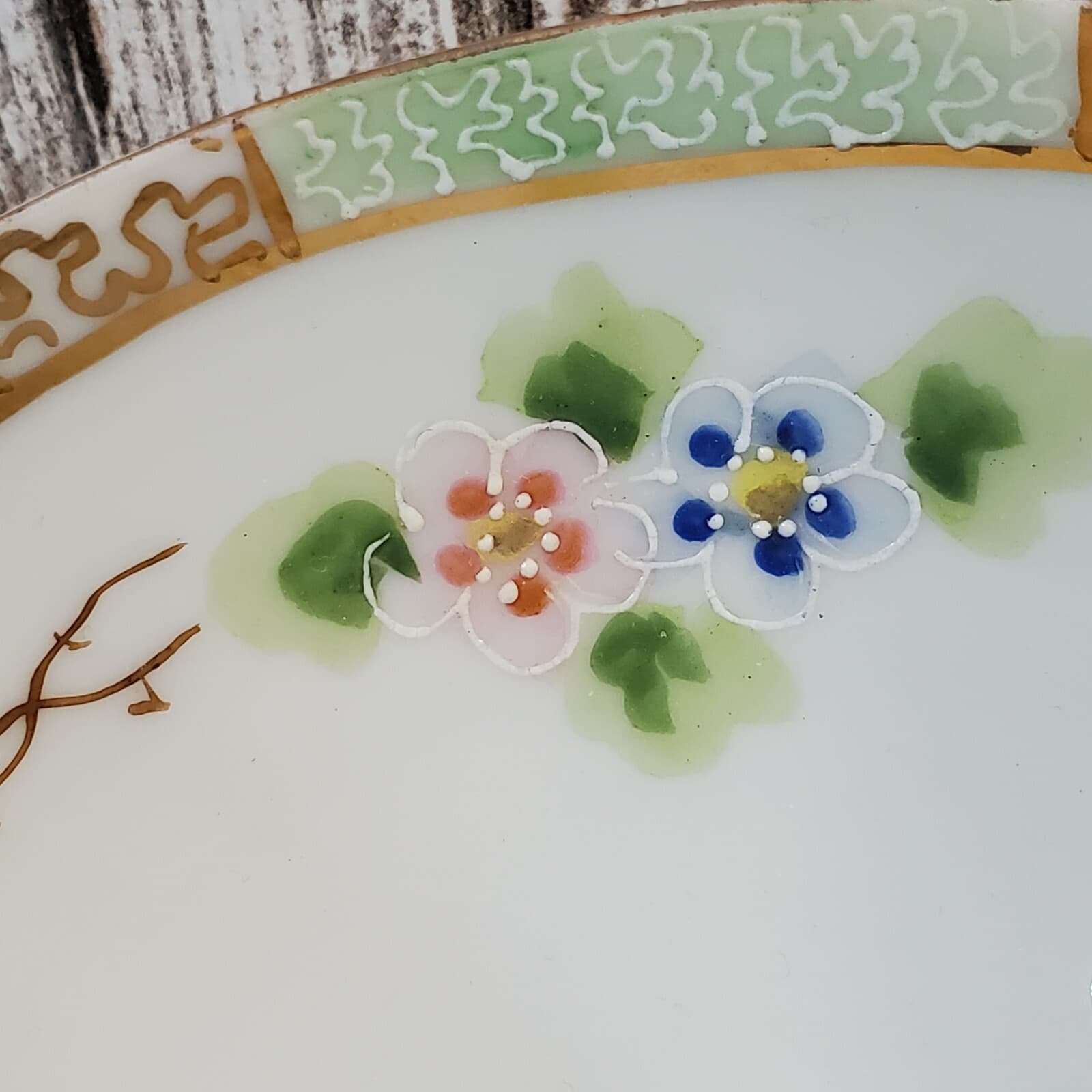 Vintage Japan Mayonnaise Set Bowl & Plate Raised Gold Moriage Dots Flowers - Thumbnail 2