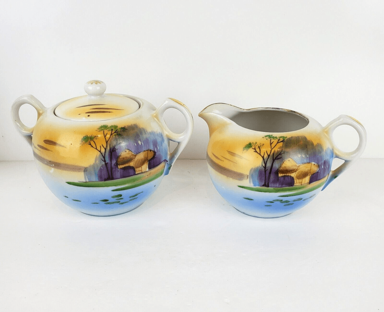 Vtg TT Takito Hand Painted Japanese Village Scene Cream And Sugar Bowl w/ Lid