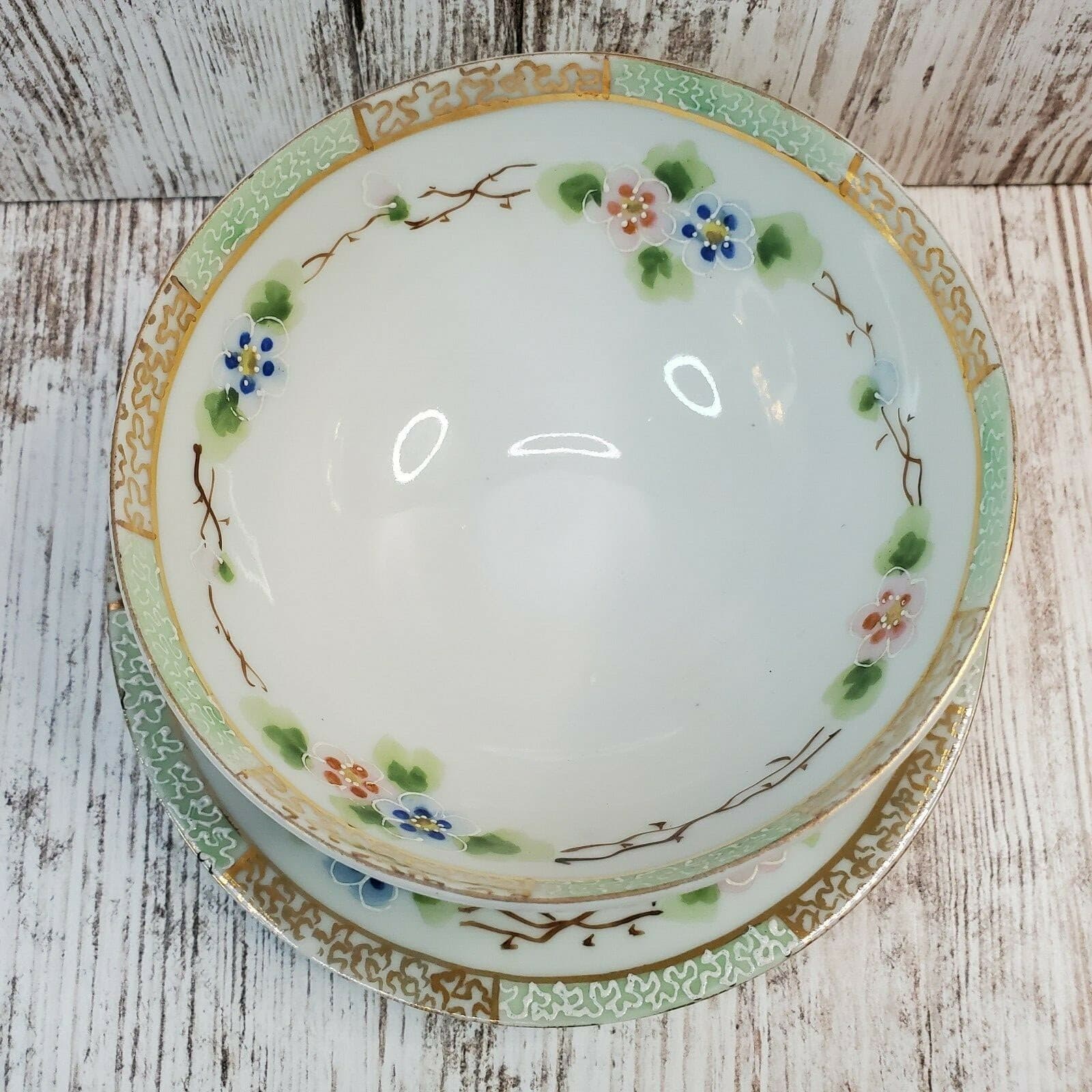 Vintage Japan Mayonnaise Set Bowl & Plate Raised Gold Moriage Dots Flowers - Thumbnail 3