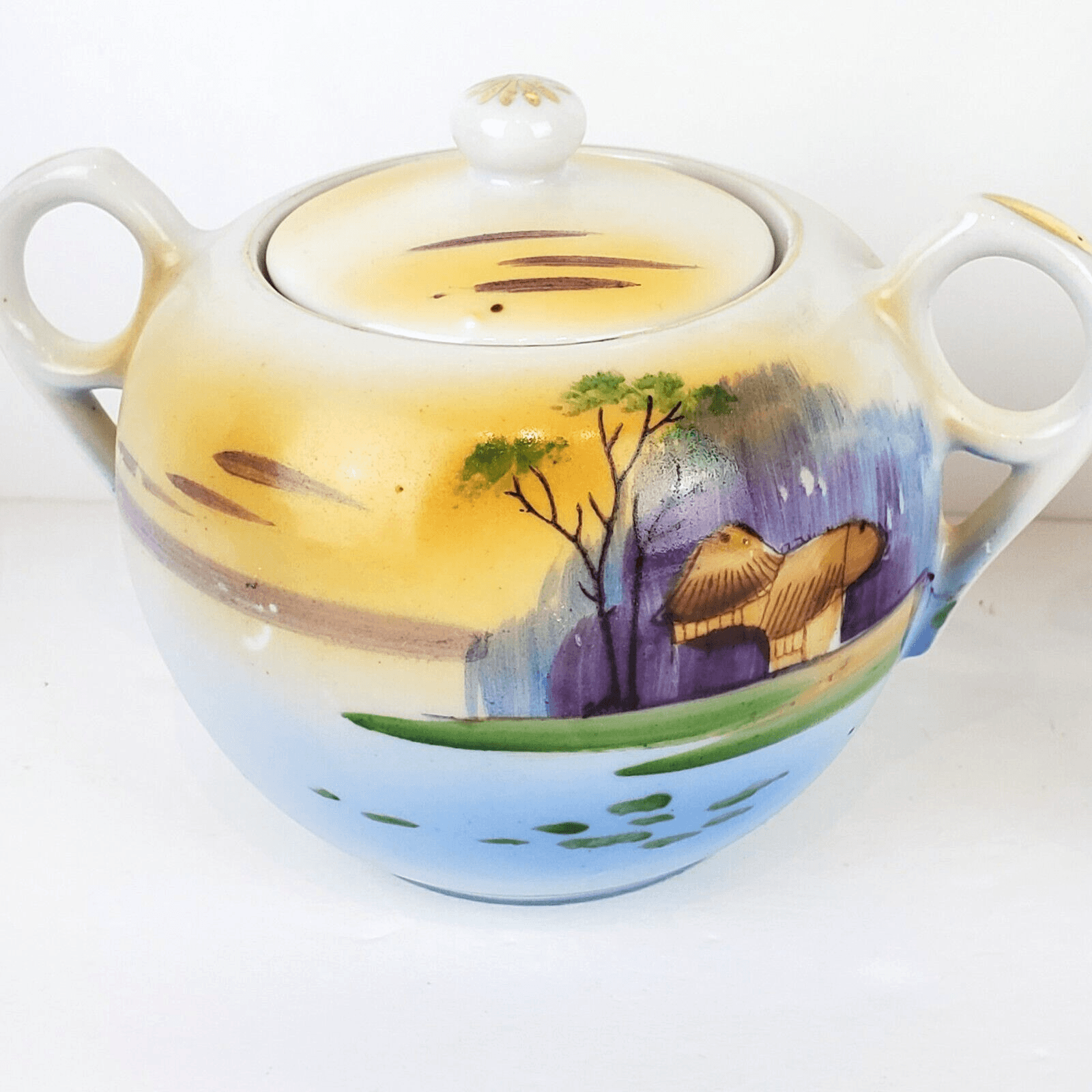 Vtg TT Takito Hand Painted Japanese Village Scene Cream And Sugar Bowl w/ Lid - Thumbnail 2