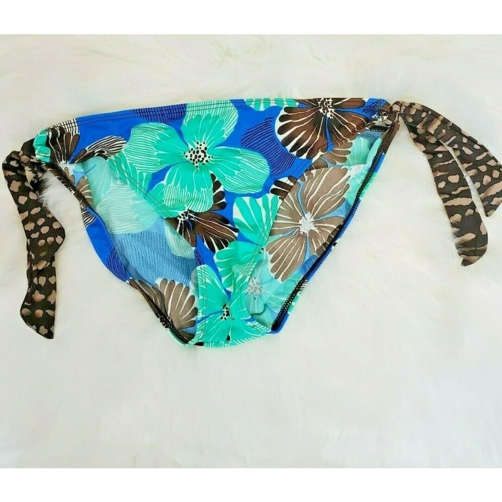 LEILANI Side Tie Hipster Floral Bikini Aqua Blue Brown Swim Bottom - Thumbnail 2