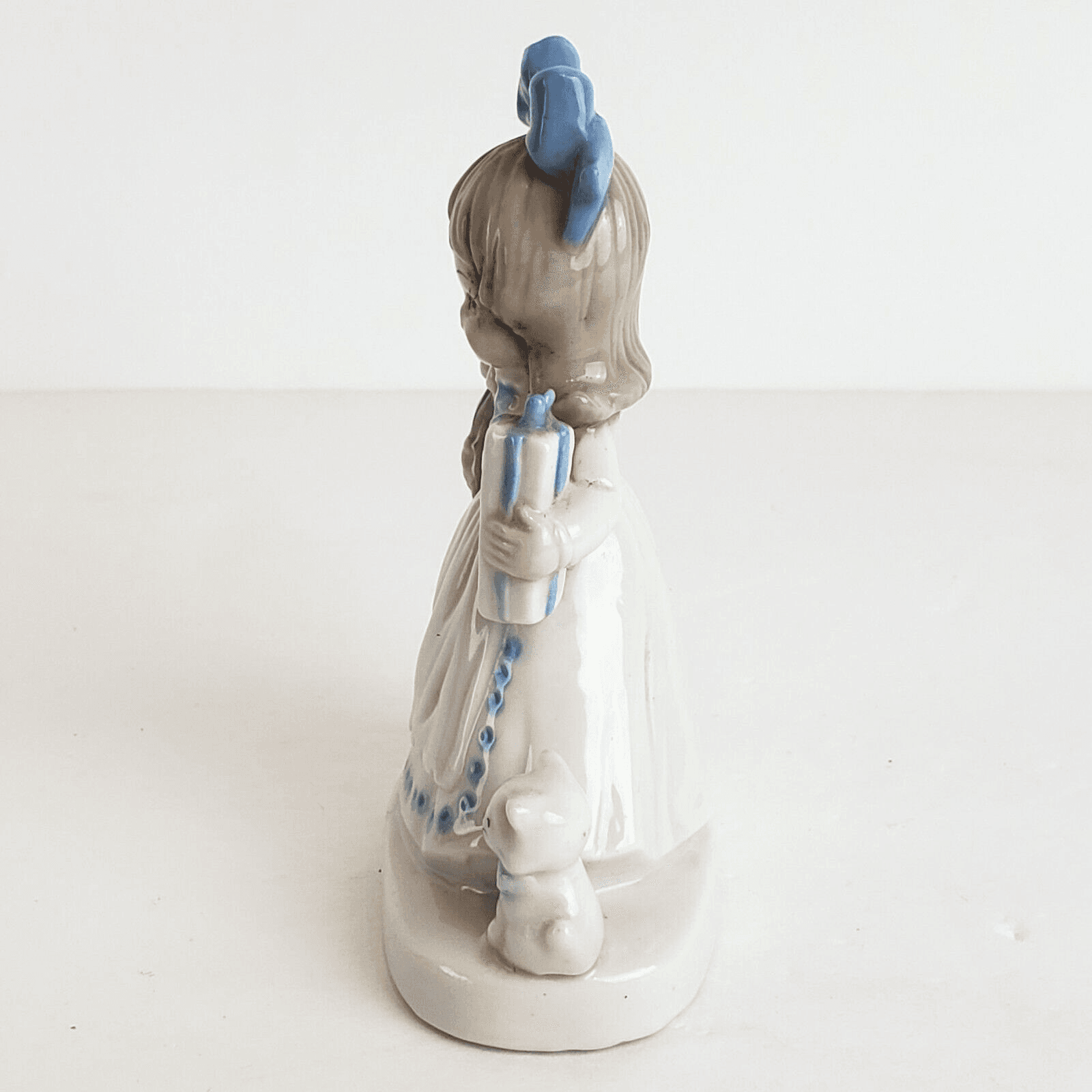 Vintage Enesco Girl holding flowers present standing with kitten 4.5” Figurine - Thumbnail 4