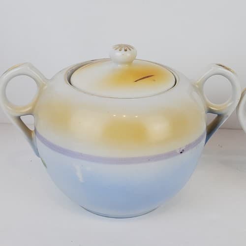 Vtg TT Takito Hand Painted Japanese Village Scene Cream And Sugar Bowl w/ Lid - Thumbnail 6