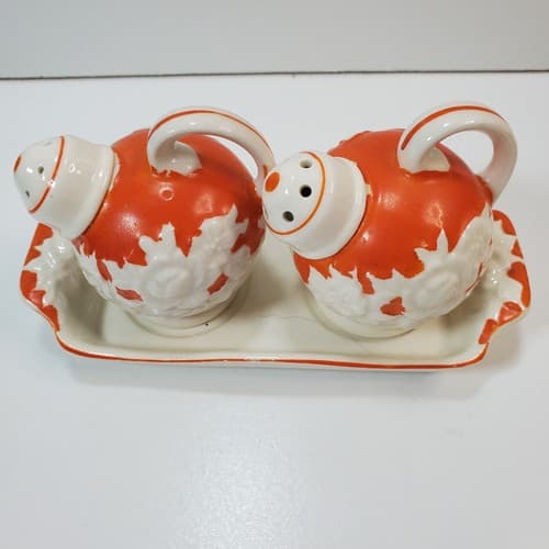 Vtg The Hinode Orange Salt Pepper Shaker on 6” Tray Japan 1950’s Cottage Retro - Thumbnail 3