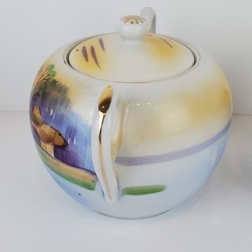 Vtg TT Takito Hand Painted Japanese Village Scene Cream And Sugar Bowl w/ Lid - Thumbnail 4