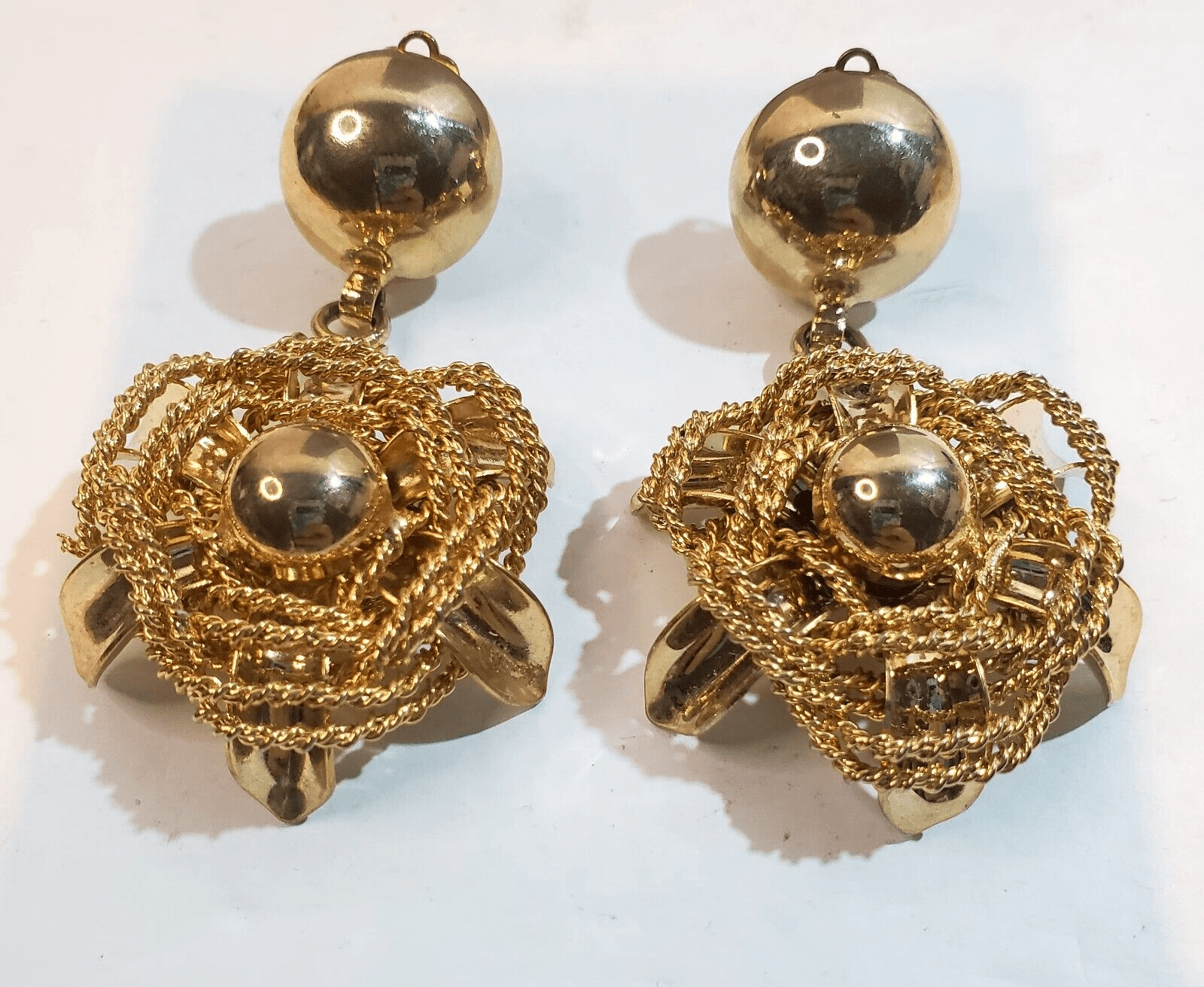 Vintage Art Deco Gold Tone Clip On Earrings Spider Web Look Design