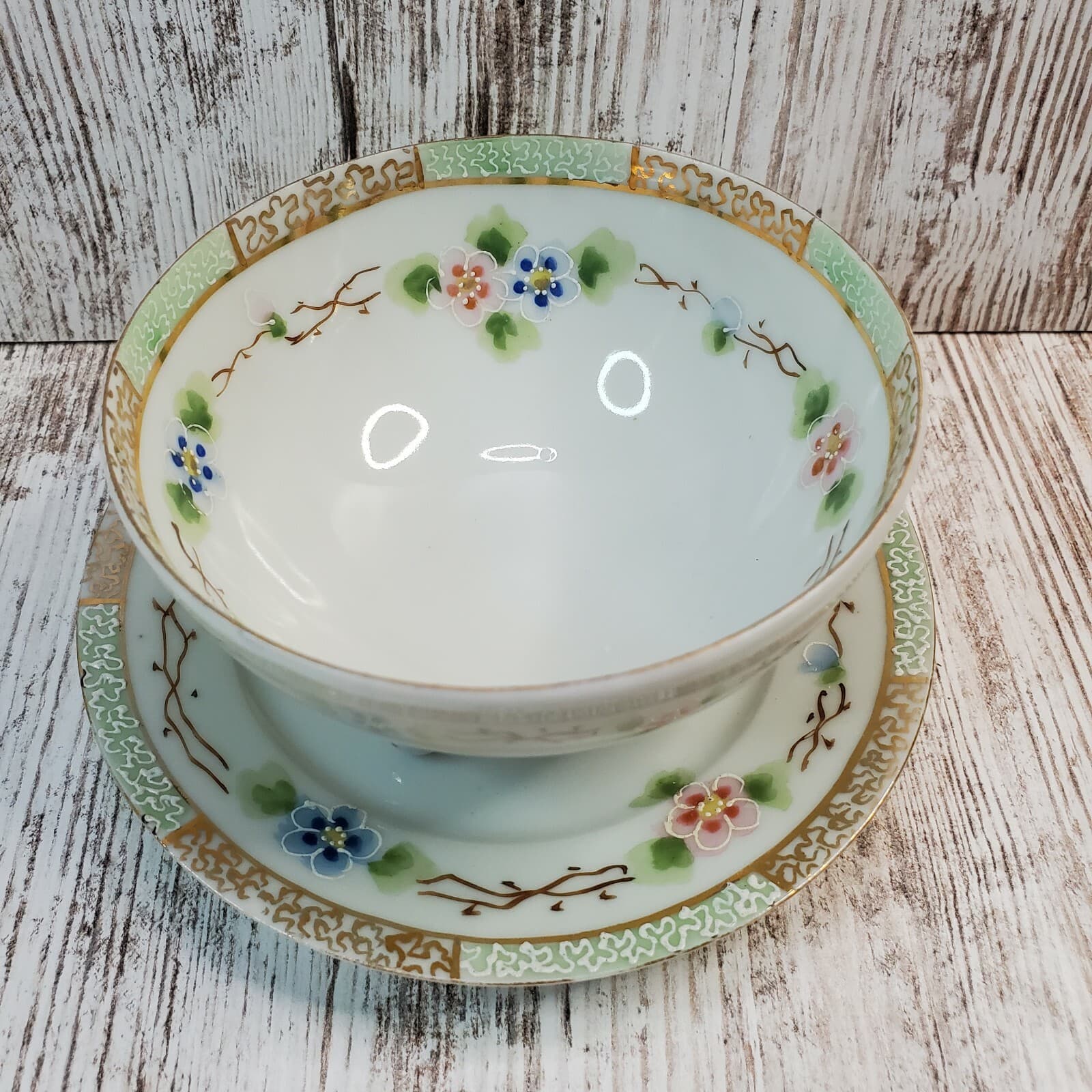 Vintage Japan Mayonnaise Set Bowl & Plate Raised Gold Moriage Dots Flowers