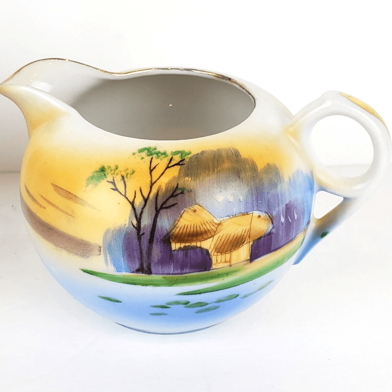 Vtg TT Takito Hand Painted Japanese Village Scene Cream And Sugar Bowl w/ Lid - Thumbnail 3