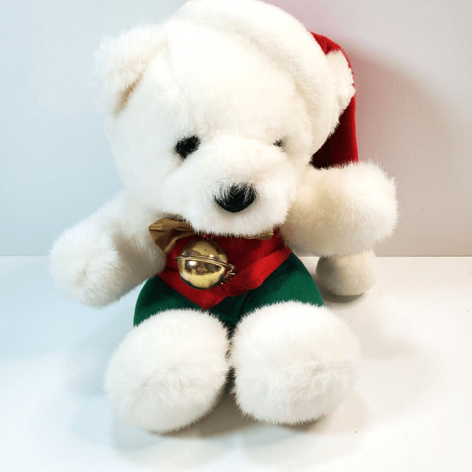 Vintage Tarsha Christmas Teddy Bear 9" Plush White Stuffed Animal Bow Hat Bell