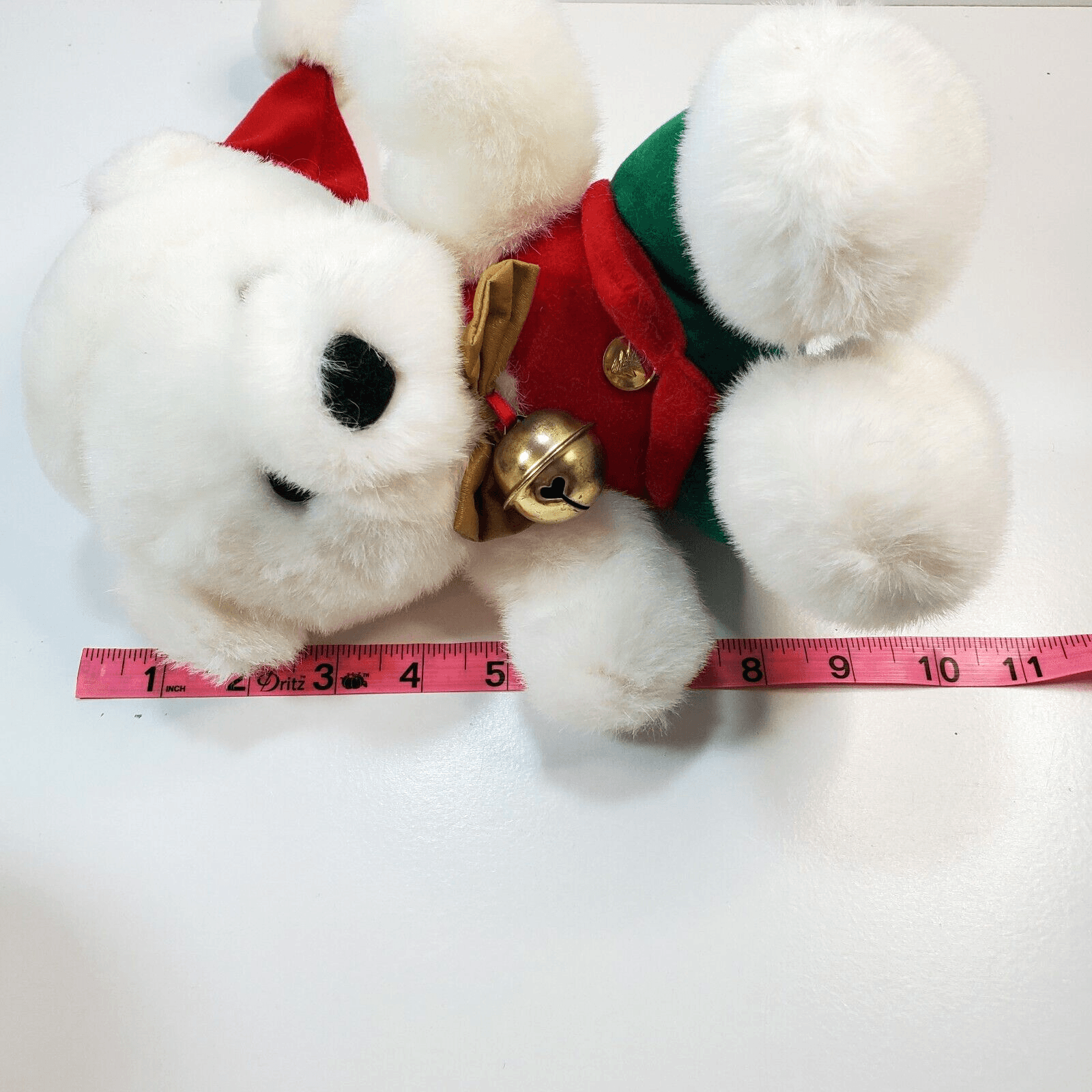 Vintage Tarsha Christmas Teddy Bear 9" Plush White Stuffed Animal Bow Hat Bell - Thumbnail 8