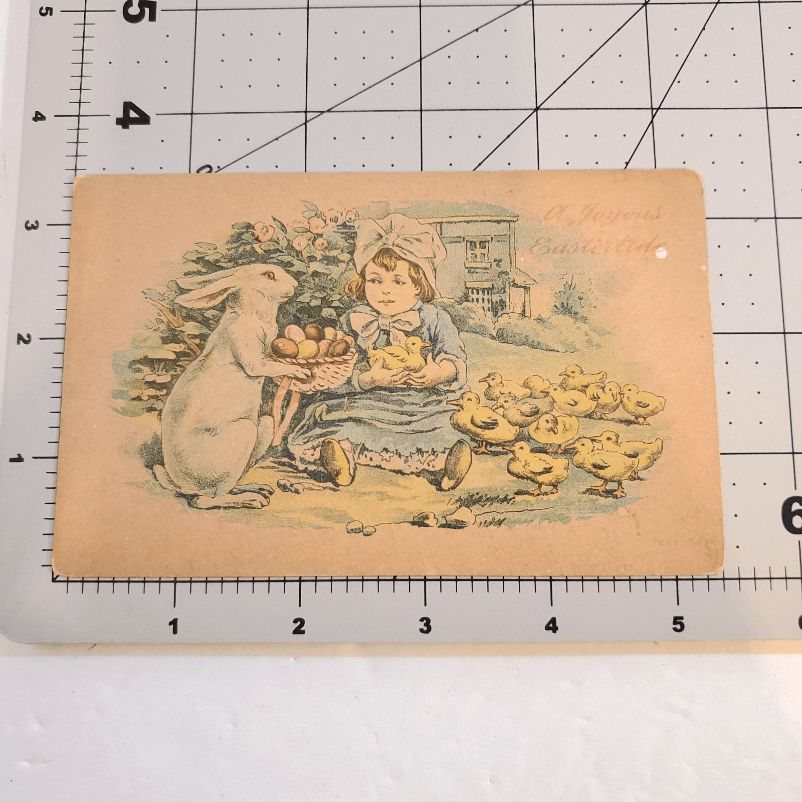 Antique Easter Postcard Joyous Eastertide Girl Bunny Colored Eggs Ducklings